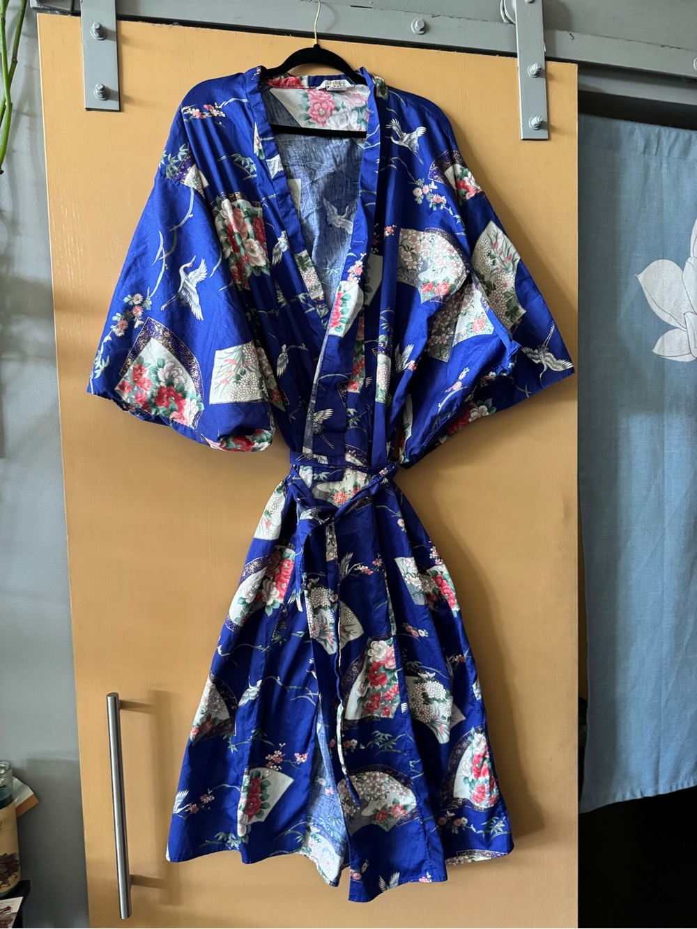 Vintage Authentic Ichi Ban Blue Floral Crane Kimono Robe Dressing Gown Anime